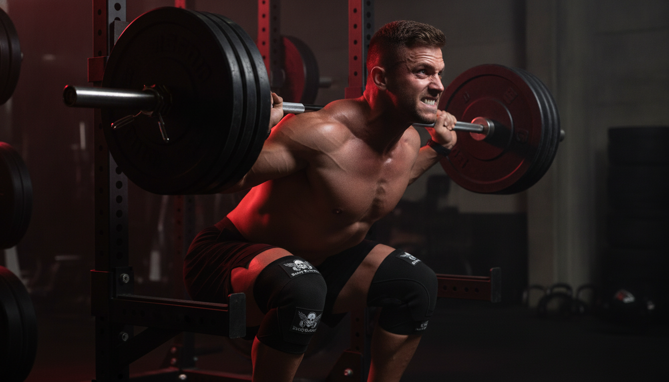 Athlete in a heavy back squat wearing neoprene knee sleeves