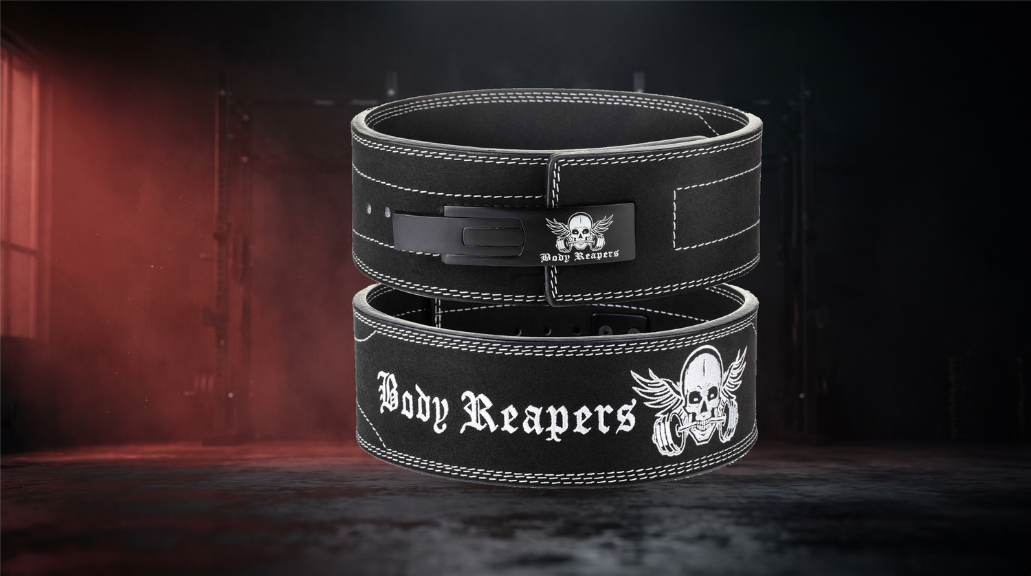 Body Reapers 10mm lever belt on a dark red-accented gym backdrop