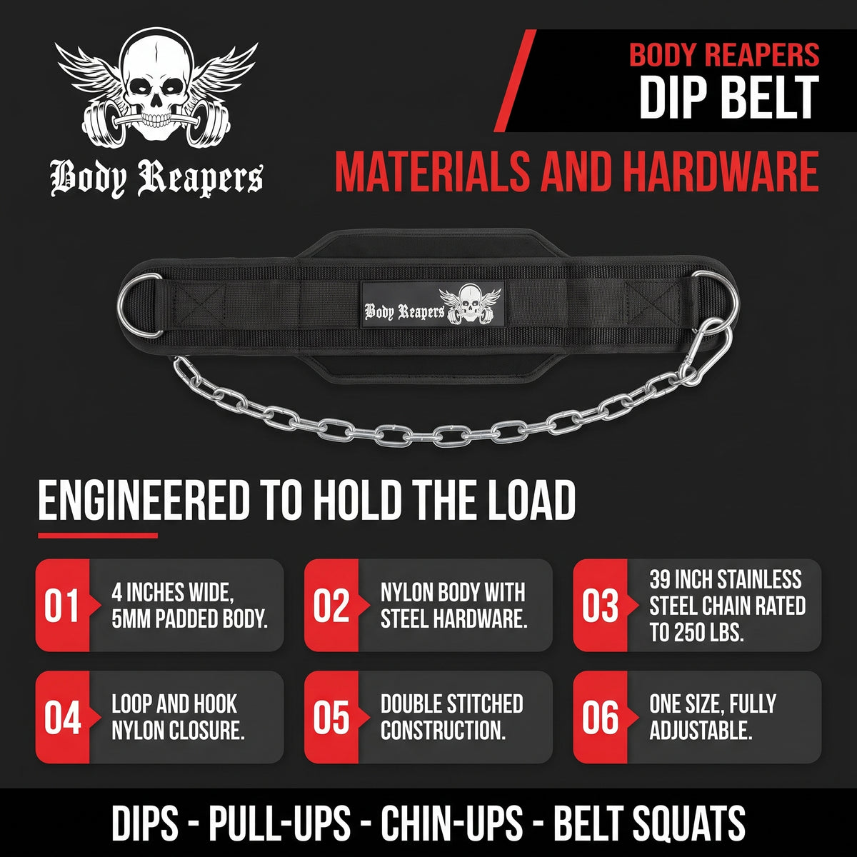Body Reapers dip belt infographic showing materials and hardware specs: 4-inch nylon body, steel D-rings, 39-inch chain, loop and hook closure
