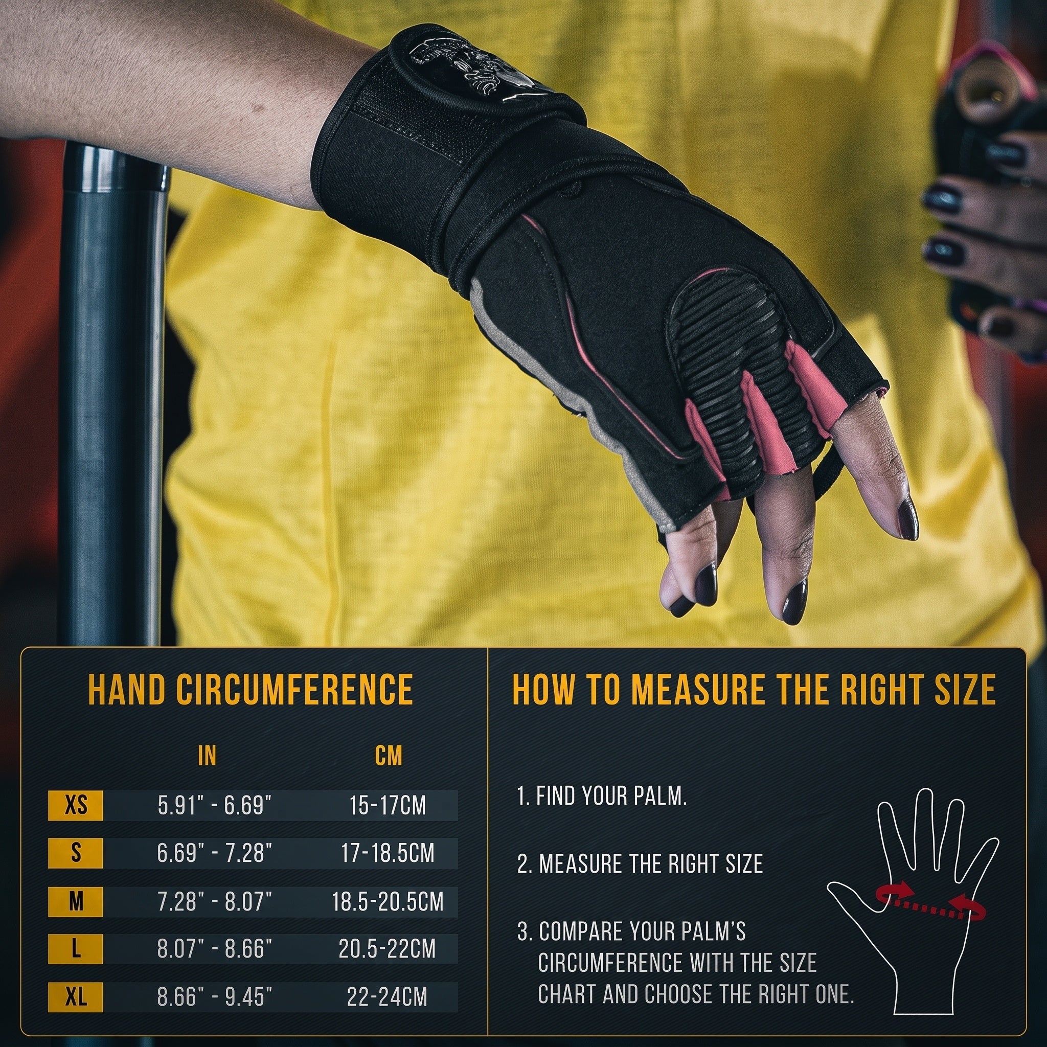 Body Reapers weight lifting gloves sizing chart showing hand circumference in inches and centimeters with how-to-measure instructions