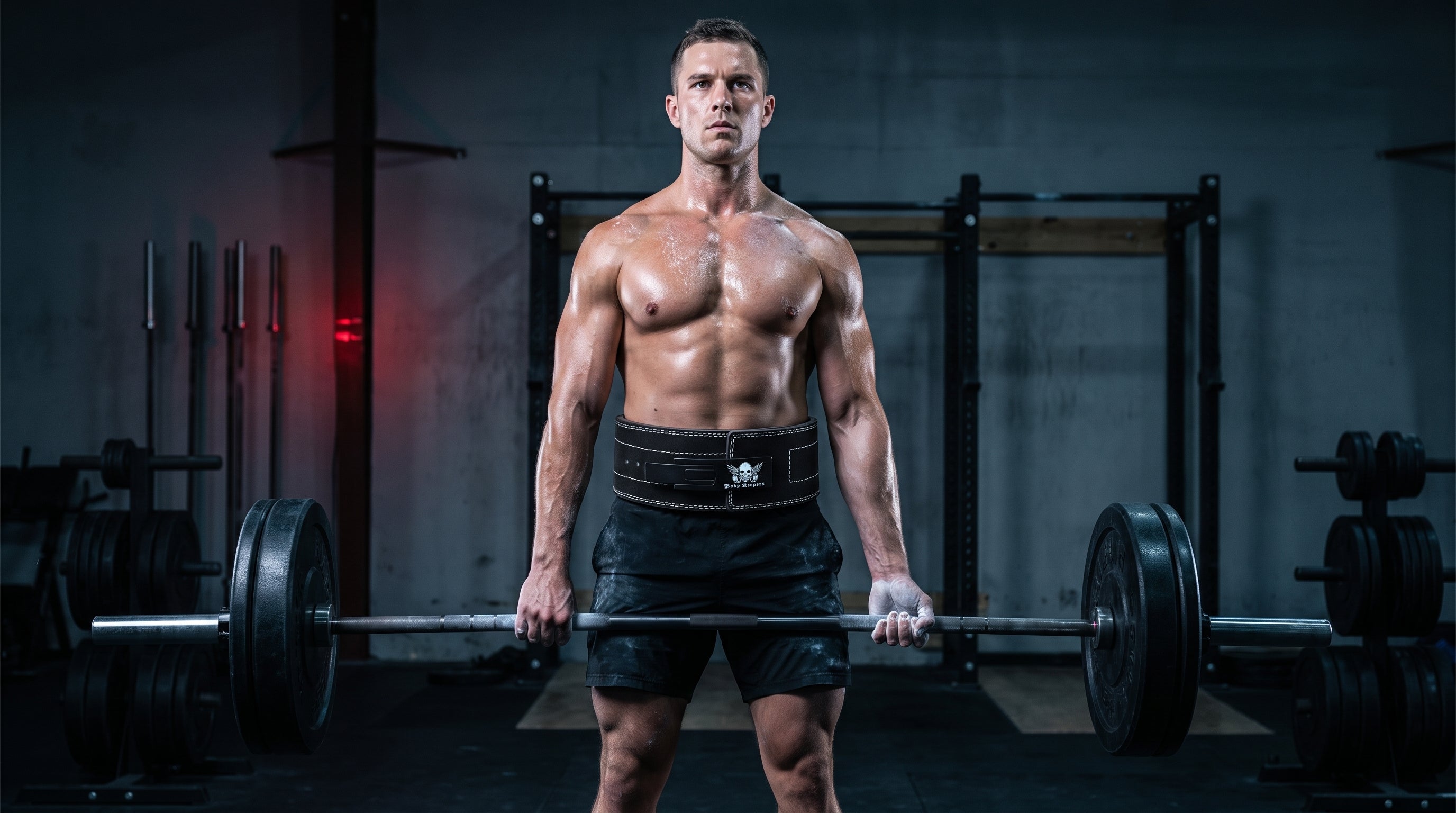Athlete at deadlift lockout wearing the Body Reapers 10mm lever belt