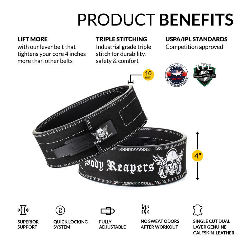 Body Reapers 10mm lever belt product benefits infographic
