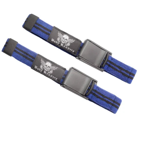 Body Reapers BFR Occlusion Bands, blue and black striped elastic-cotton band with cam-lock buckle, bicep (arm) fit