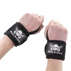 Athlete wearing the black Body Reapers wrist wraps on both wrists, fists set for a heavy press