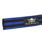 Body Reapers BFR Occlusion Bands, blue and black striped elastic-cotton band with cam-lock buckle, thigh (leg) fit