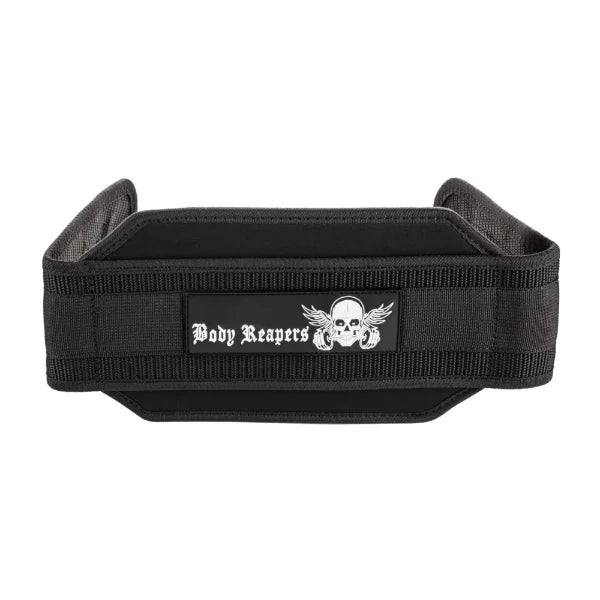 Body Reapers weightlifting dip belt, front view of the padded 4-inch nylon body with winged-skull logo patch