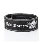 Body Reapers 10mm weight lifting lever belt in black calfskin leather with white contrast stitching