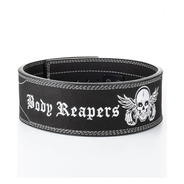 Body Reapers 10mm weight lifting lever belt in black calfskin leather with white contrast stitching