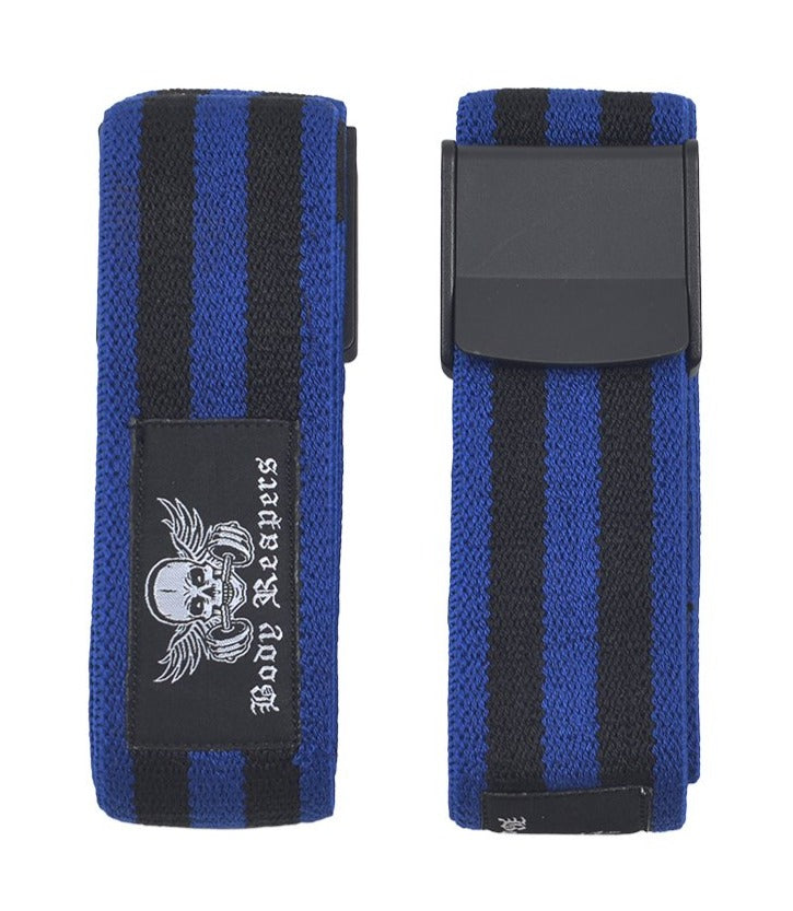 Body Reapers BFR Occlusion Bands, blue and black striped elastic-cotton band with cam-lock buckle, thigh (leg) fit